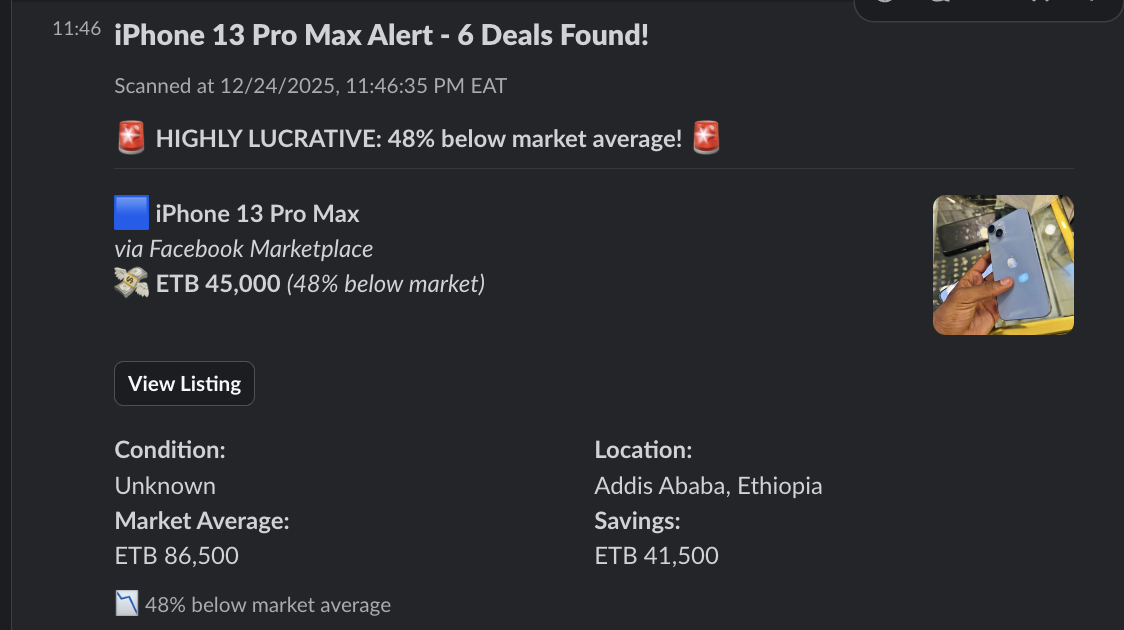 Bot alert showing an iPhone 13 Pro Max deal
